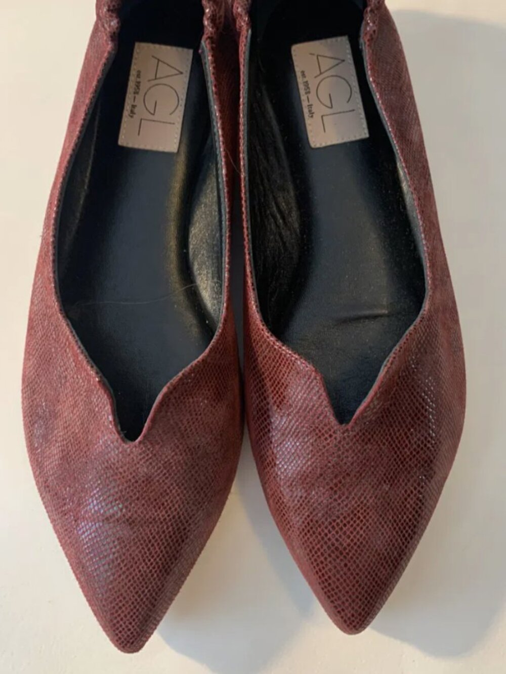 AGL Attilio Giusti Leombruni Burgundy Oxblood Lizard Embossed Leather Pointed Fl